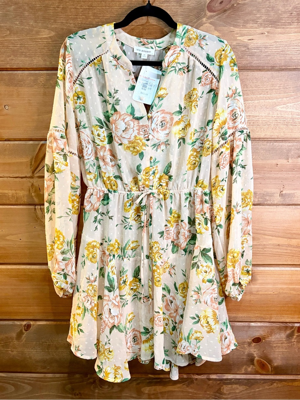 Blu Pepper Floral Tie-Waist Mini Sheer Dress in Beige, Yellow Pink Size Medium 🌼